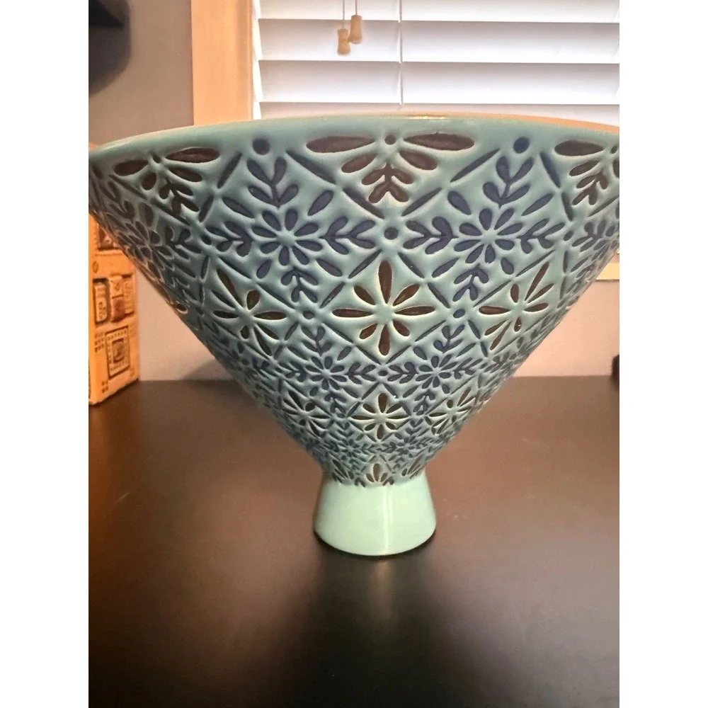 Turquoise Ceramic Pedestal Bowl Embossed Floral Geometric Centerpiece 10in